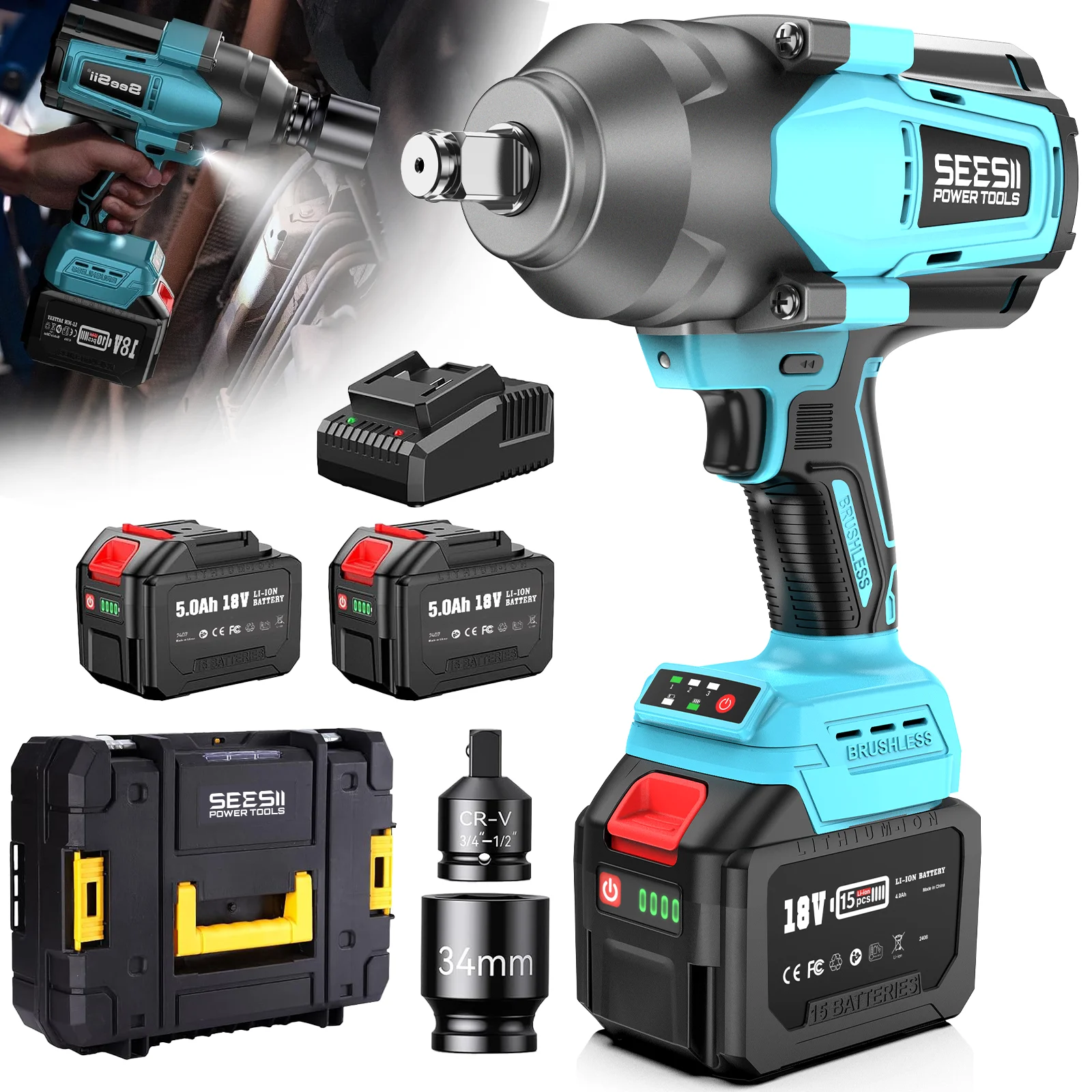 SEESII 2000Nm Electric Impact Wrench High Torque Brushless Cordless Power Impact Gun 3/4