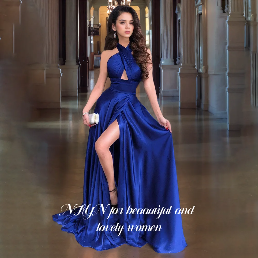 

NFYN Royal Blue Long Stain Prom Dresses A Line Strapless Night Dresses Pleat Evening Dresses with Split Customized فستان سهرة