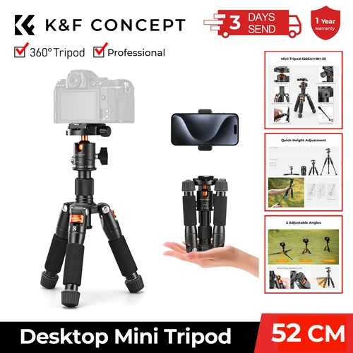 K&F Concept Mini trípode de escritorio de 52 cm para cámara trípode compacto 360 ° Tornillo de cabeza de bola de perfil bajo de 1/4'' para videocámara con cámara