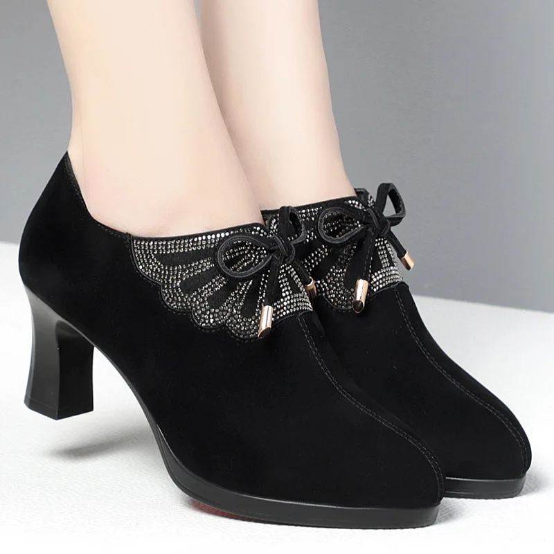 Deep Mouth Block Heels Platform Shoes Women Pumps 2024 Pointed Toe Soft Leather High Heel Office Black Elegant Bow Tie Retro