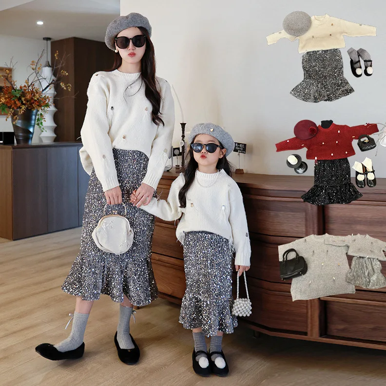 Parent-child Clothing Autumn and Winter 2024 New Mother and Daughter Sweater Korean Versatile Feather Sequin Pullover Sweater