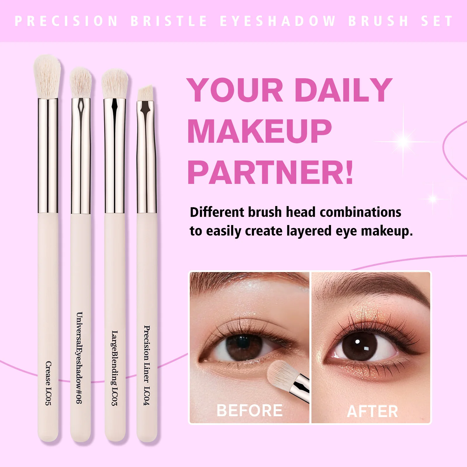 LOCKCUTE Juego de 4 brochas para sombra de ojos, cerdas premium respetuosas con la piel para mezclar, delineador y arrugas, juego de herramientas de maquillaje con apariencia fácil de los ojos