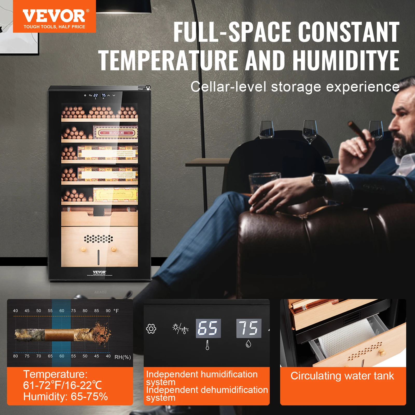 خزانة مرطب السيجار الكهربائية VEVOR مع تحكم في التبريد والتدفئة والرطوبة ، خشب الأرز الإسباني ، 6 طبقات ، 82 لتر