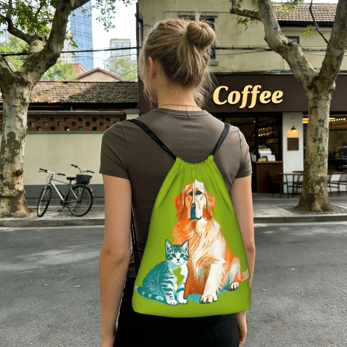 Adorable Dog Puppy And Kitten Friends Backpacks Fashion Drawstring Bags Sundries Bag Book Bags for Travel School