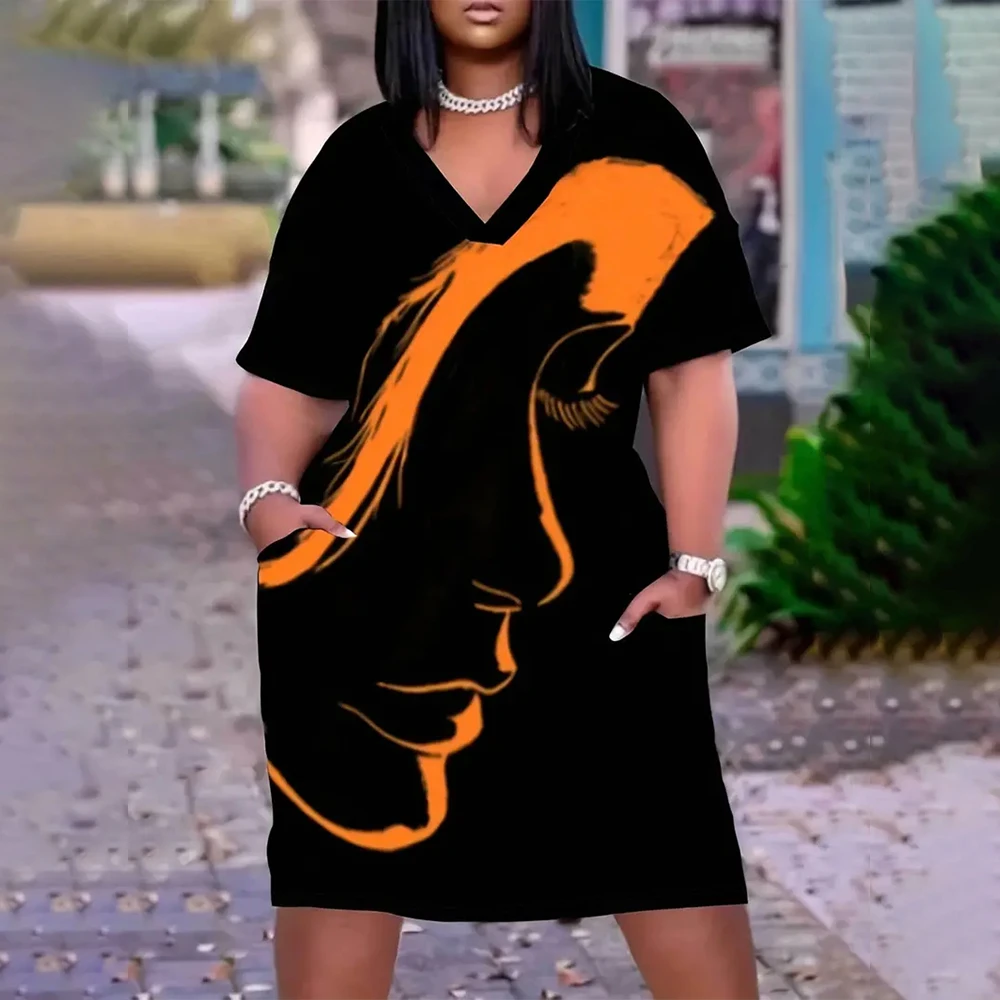 Senhora abstrata rosto impresso na altura do joelho vestido de grandes dimensões vestidos femininos com decote em v 2025 moda solta manga curta pullovers vestidos