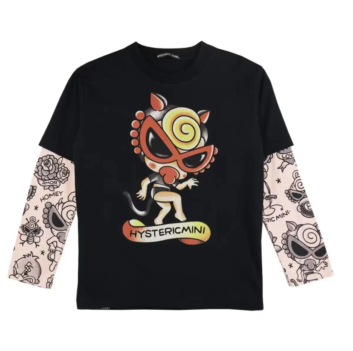 Japanese Style Black Super 2022 Autumn Tide Brand Tattoo Flower Arm Pure Cotton Children's T-Shirt Long Sleeve Fake Two Tops