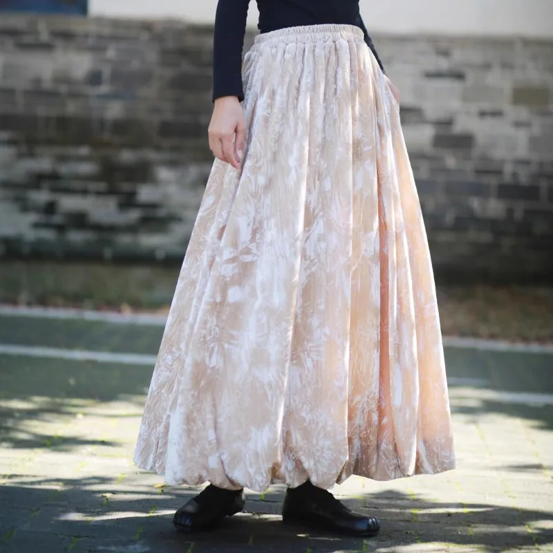 

Luxury High Quality Tie-Dye Ink-Washed Velvet Skirt Mid-Length Wide-Hem Skirt Versatile Retro Skirts Elastic High-Waisted Trend