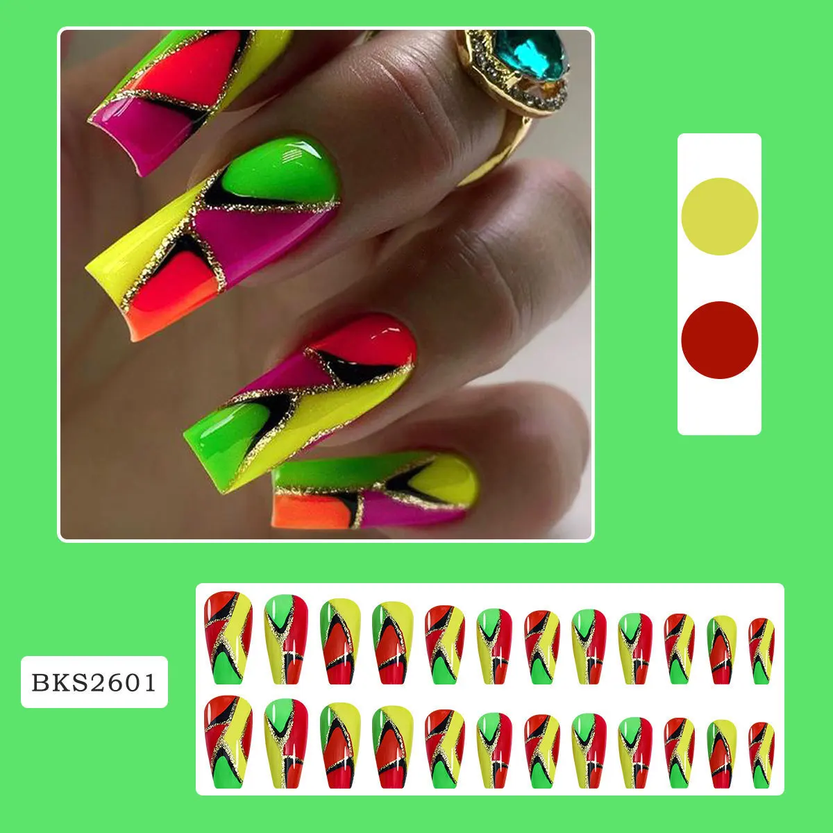 Long Press on Nails Coffin Shape Fake Nails Full Cover French Colorful Rainbow False Nails with Glossy for Women And Girls Nail