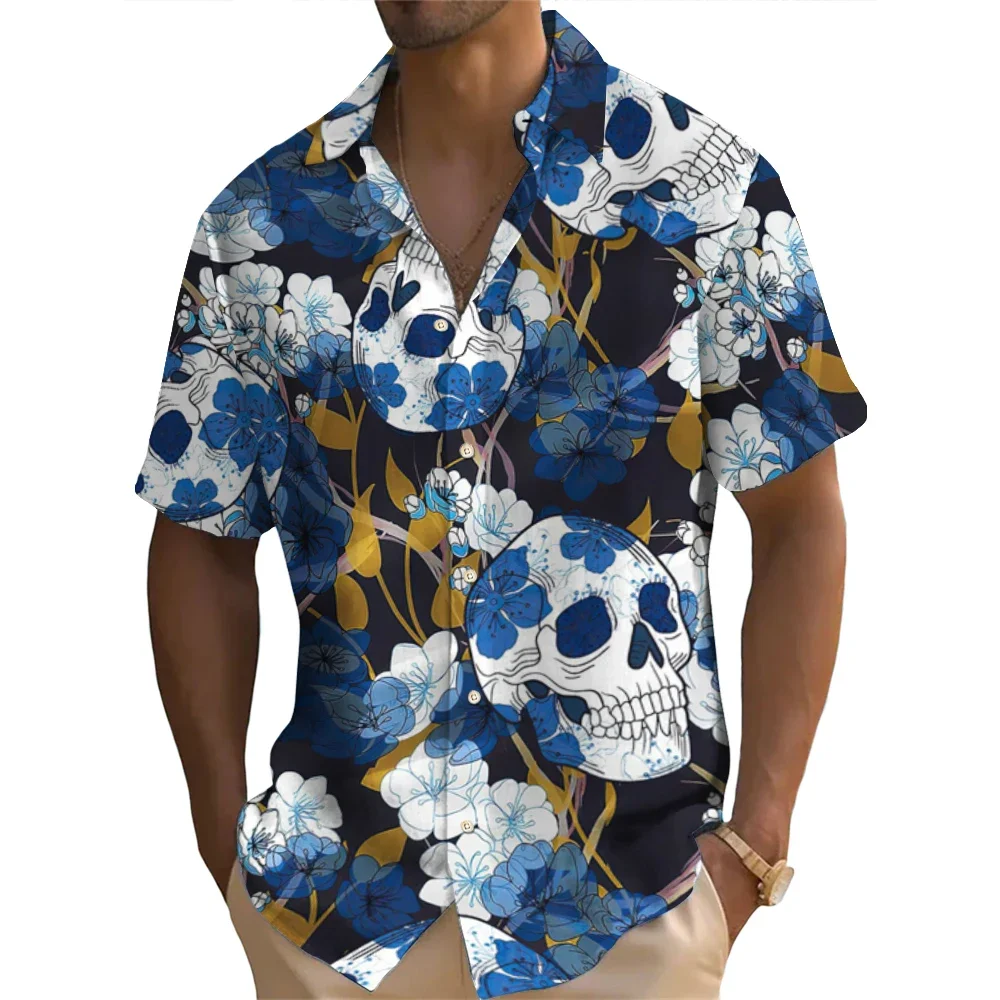 Rose Skull Print Shirt Men's Short Sleeve Shirt Summer Street Fashion Tops Men's Casual Oversized Shirt Size S-5XL