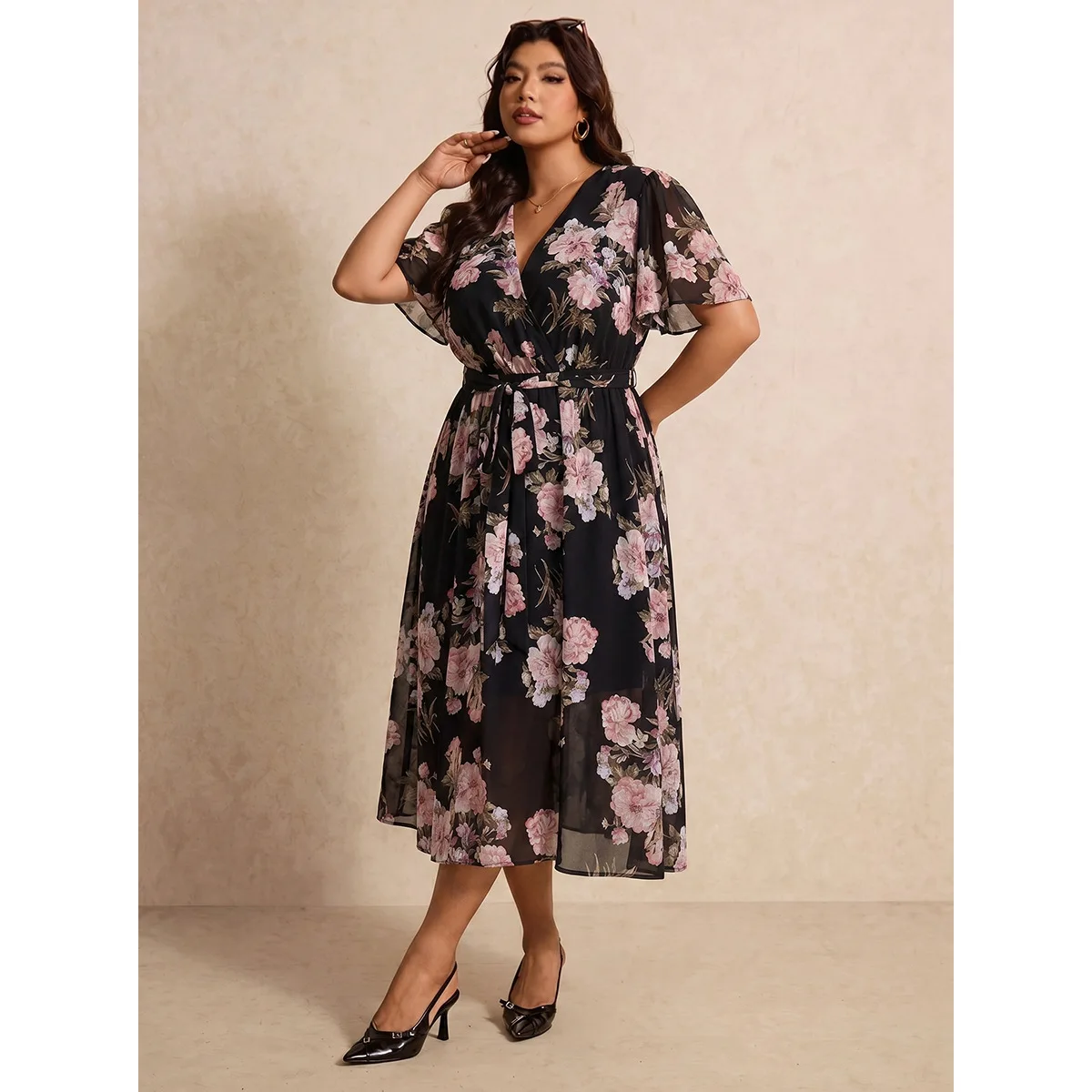 Large Size Women's Maxi Skirt Print Chiffon V-neck Waist Elegant Dresses for Women Summer Vacation Dress
