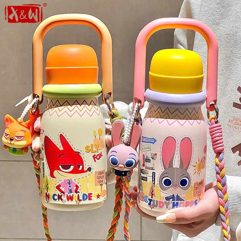 

X&W For Zootopia Thermos Cup Stainless Steel Judy Nick Insulated Water Bottle Double Drinking Straw Cup Outdoor Cold Warm kettle