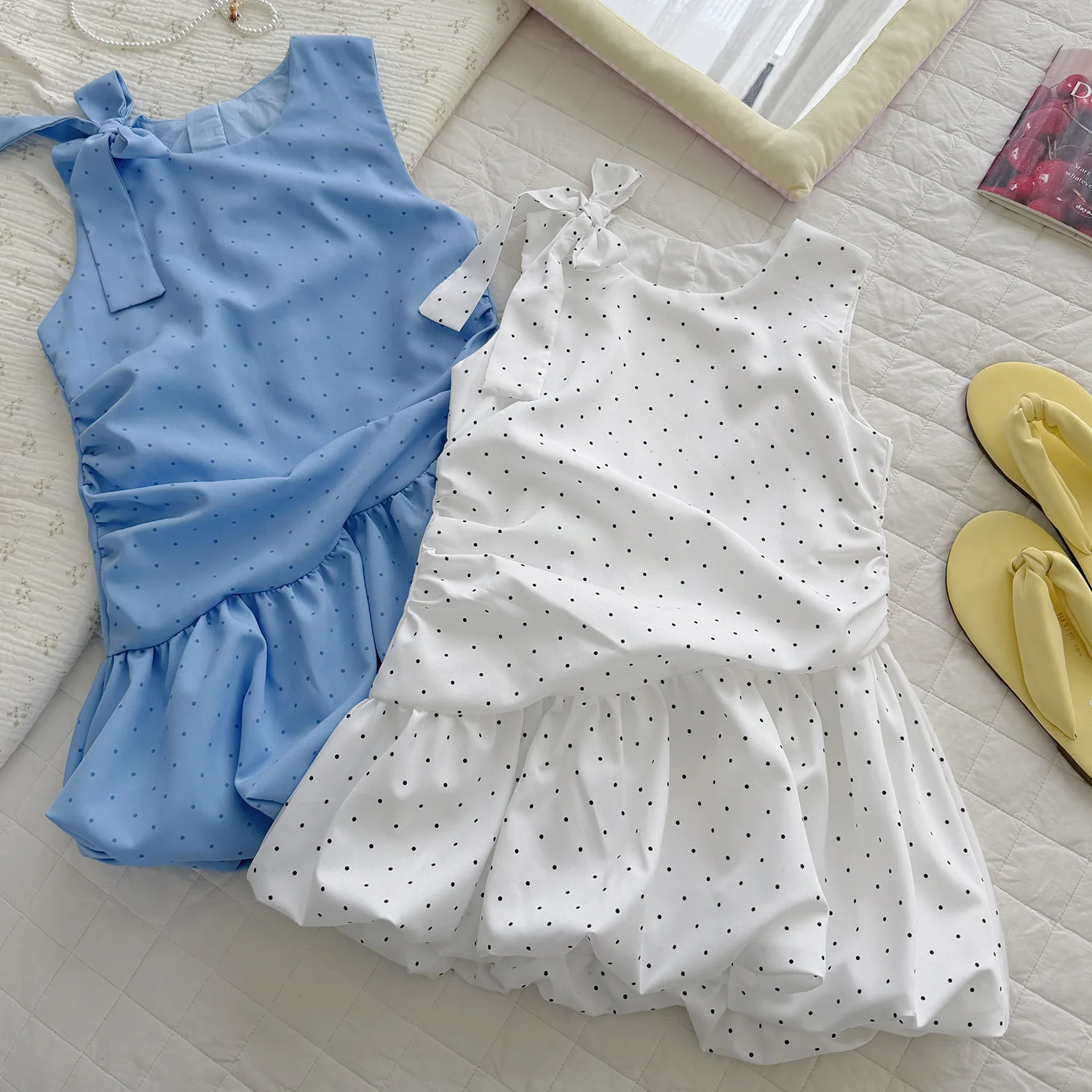 2026 Summer New Girls Polka Dot Dress Sleeveless Lace Up Flower Bud Skirt Travel Birthday Versatile Children Dress