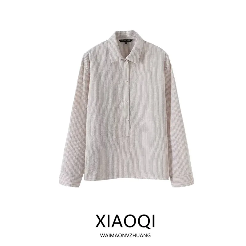 Verano 2025 Csa de Mujer a Rayas ra de Lino Puro con Cuello Csero de Manga Larga Versátil de Ajuste Hoado y Largo...