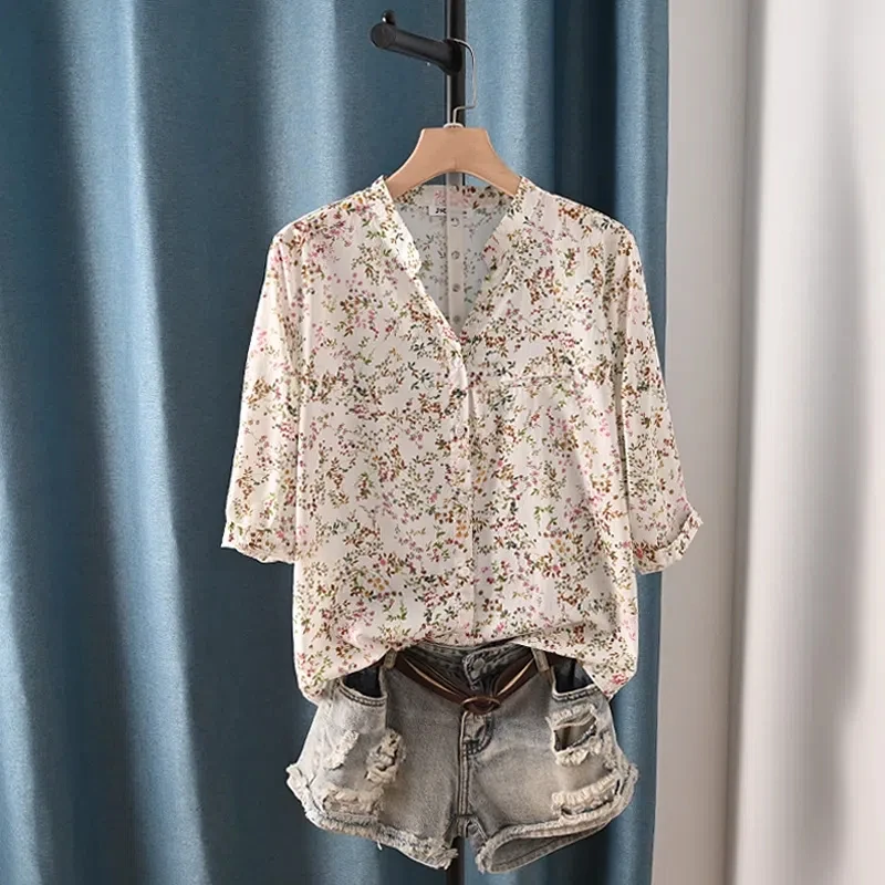 2025 Vintage clothing 100% cotton v neck print shirts and blouses for women Japan summer peasant blouse top tunic
