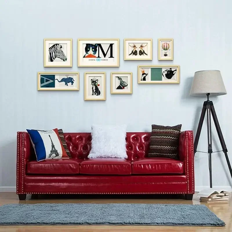 American old leather small apartment light luxury retro red rivets simple hotel buckle combination double triple sofa