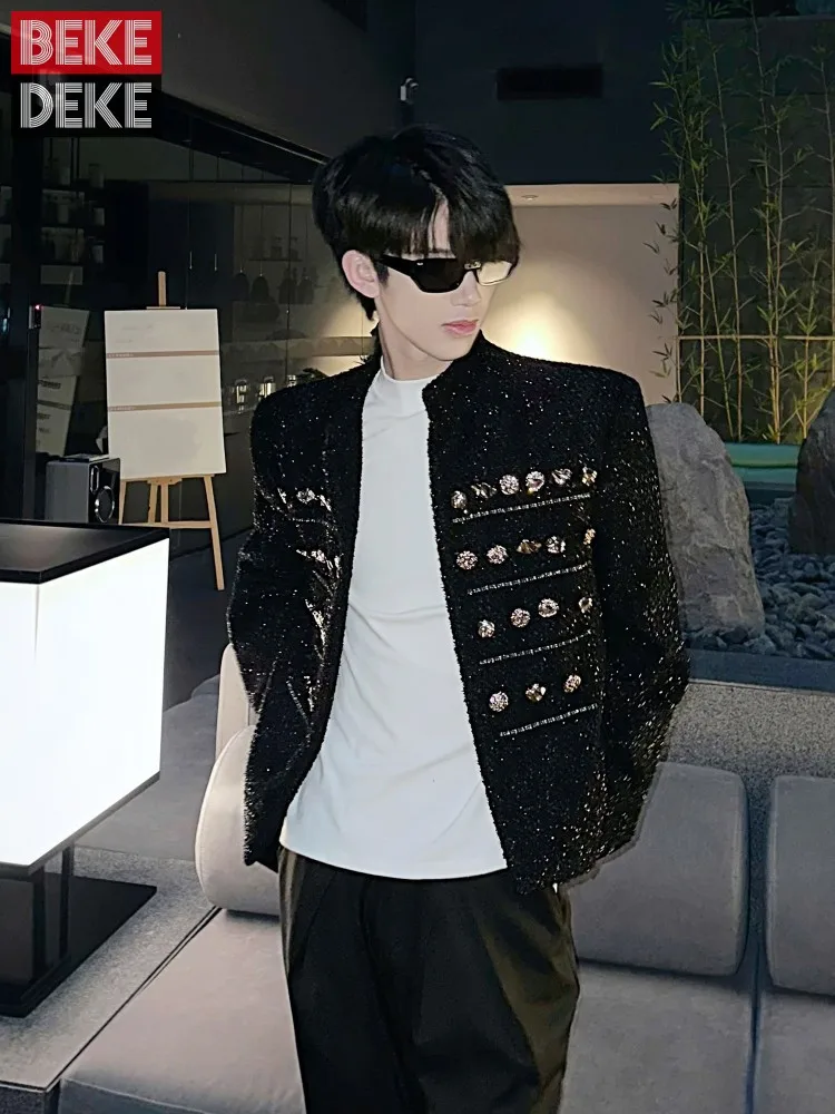 Mens Fashion Loose Fit Jacket Outerwear Stand Collar Sequined Personality Designer Long Sleeve Autumn Single Breasted Short Coat