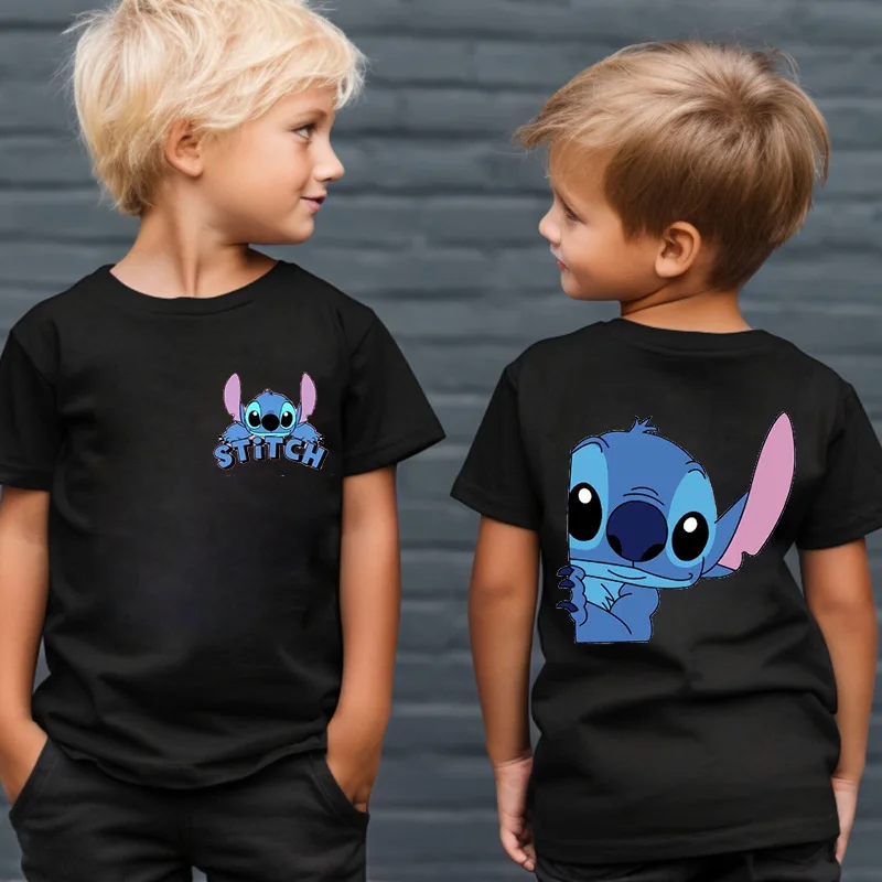 Verano niños Disney Stitch patrón impreso negro puro algodón cuello redondo manga corta Casual Top para niños y niñas