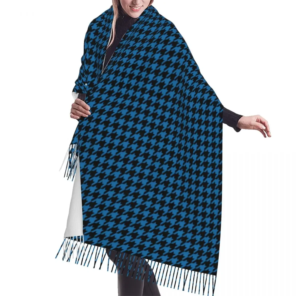 Custom Ladies Long Fashion Blue Houndstooth Plaid Pattern Scarves Women Winter Fall Soft Warm Tassel Shawl Wrap Morden Scarf