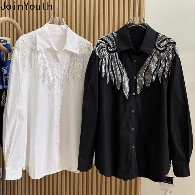 Fashion Korean Shirts Women Clothing Wing Sequined Long Sleeve Blouses Summer White Oversized Tops 2024 Blusas Mujer De Moda