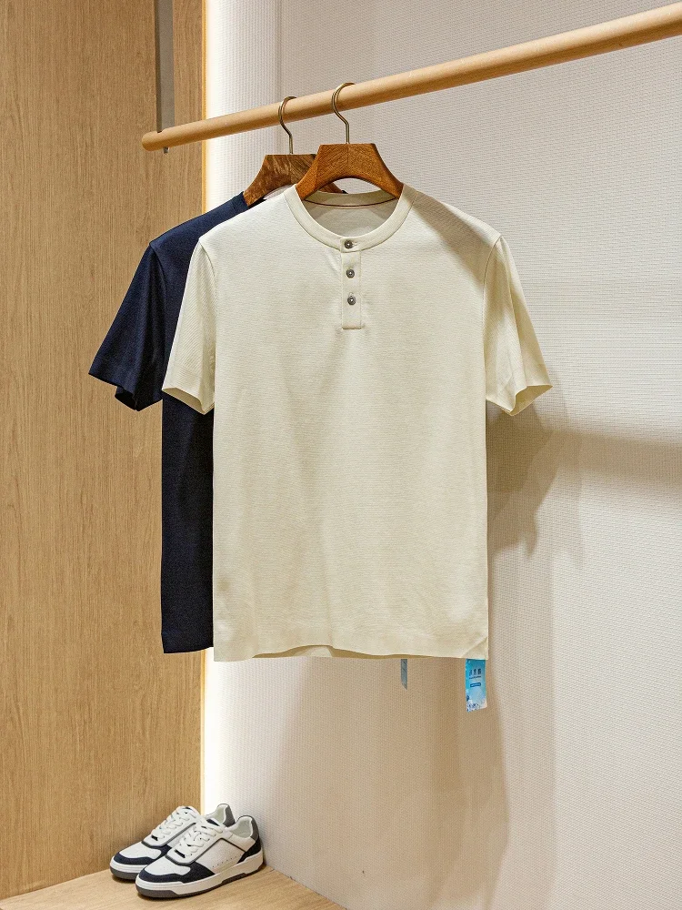 

Double Mercerized Ice Soft Cotton Honeycomb Texture Henry Neck Short Sleeve T-Shirt