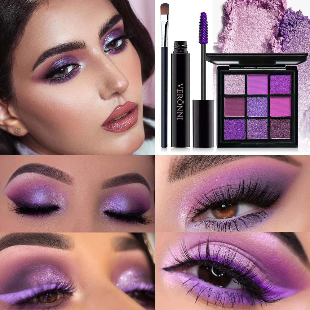 9 Shades Purple Eyeshadow Palette Kit Purple Waterproof Mascara with 1 Eyeshadow Brush Party Festival Eye Makeup Set