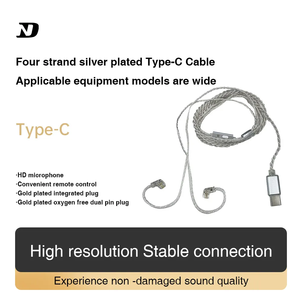 NDD7 Digital decoding of  silver-plated earphone cable Typec upgrade cable 2pin wire 0.78 double needle 0.75mm with wheat KZ CCA