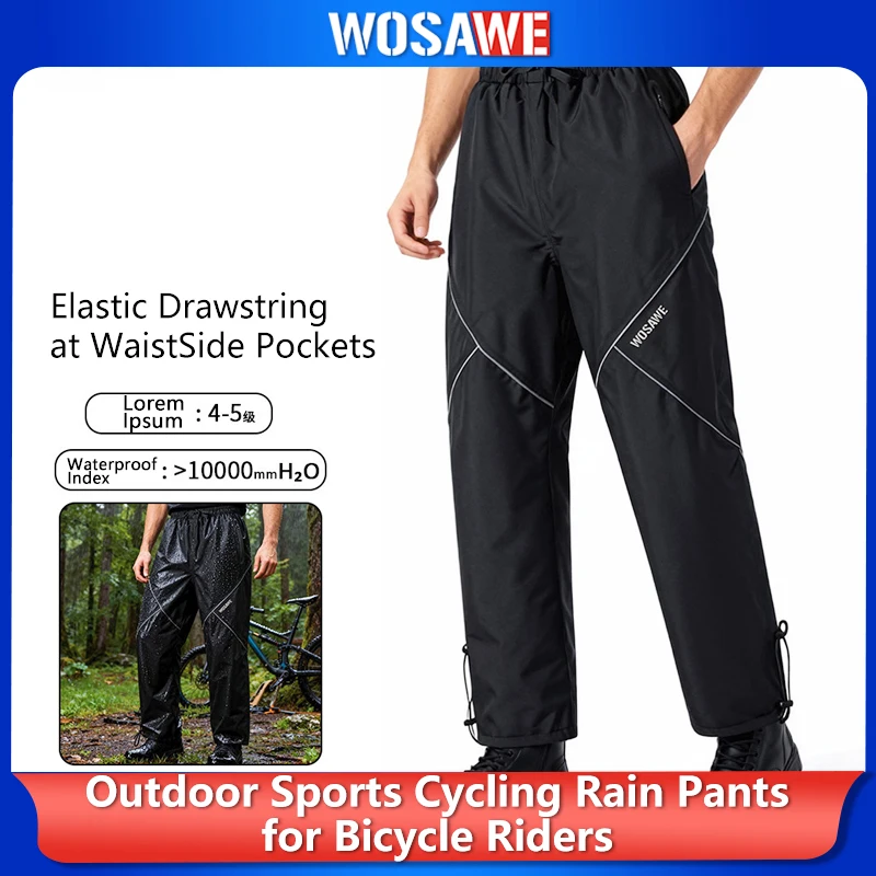 WOSAWE Motorcycle Rain Pants Waterproof Windproof Men Outdoor Moto Riding Trousers Elastic Waist Side Pockets Camping Gear