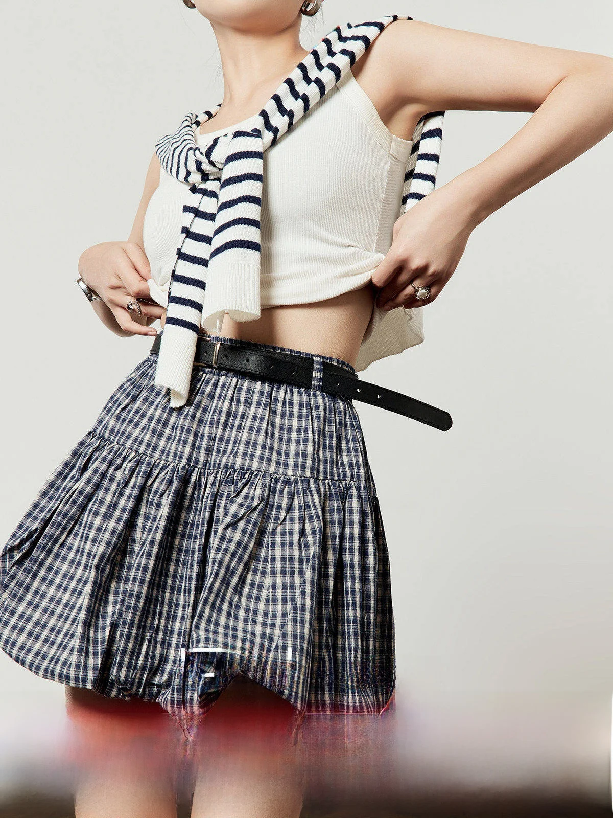 

Синяя клетчатая юбка А-силуэта с высокой талией, поясом и расклешенным подолом, повседневная, дышащая, приятная к телу, для женщин