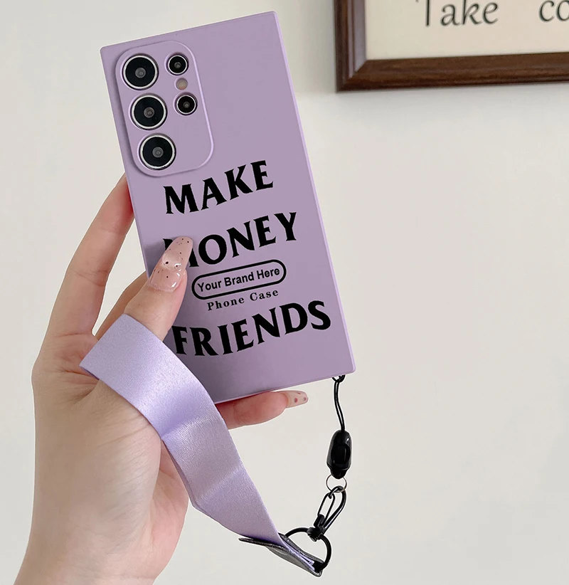 Casing Handphone Silikon Cair Mewah Merk Kustom dengan Tali Lanyard untuk Samsung Galaxy S25 Ultra S24 S23 FE S22 S21 S20 Plus Penutup Belakang