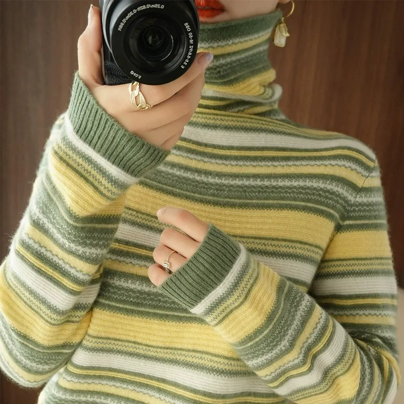 Autumn Winter Women Sweater Turtleneck Long Sleeve Warm Pullovers Fashion Stripe Knitwear Korean Bottoming Shirt Basic Jumper