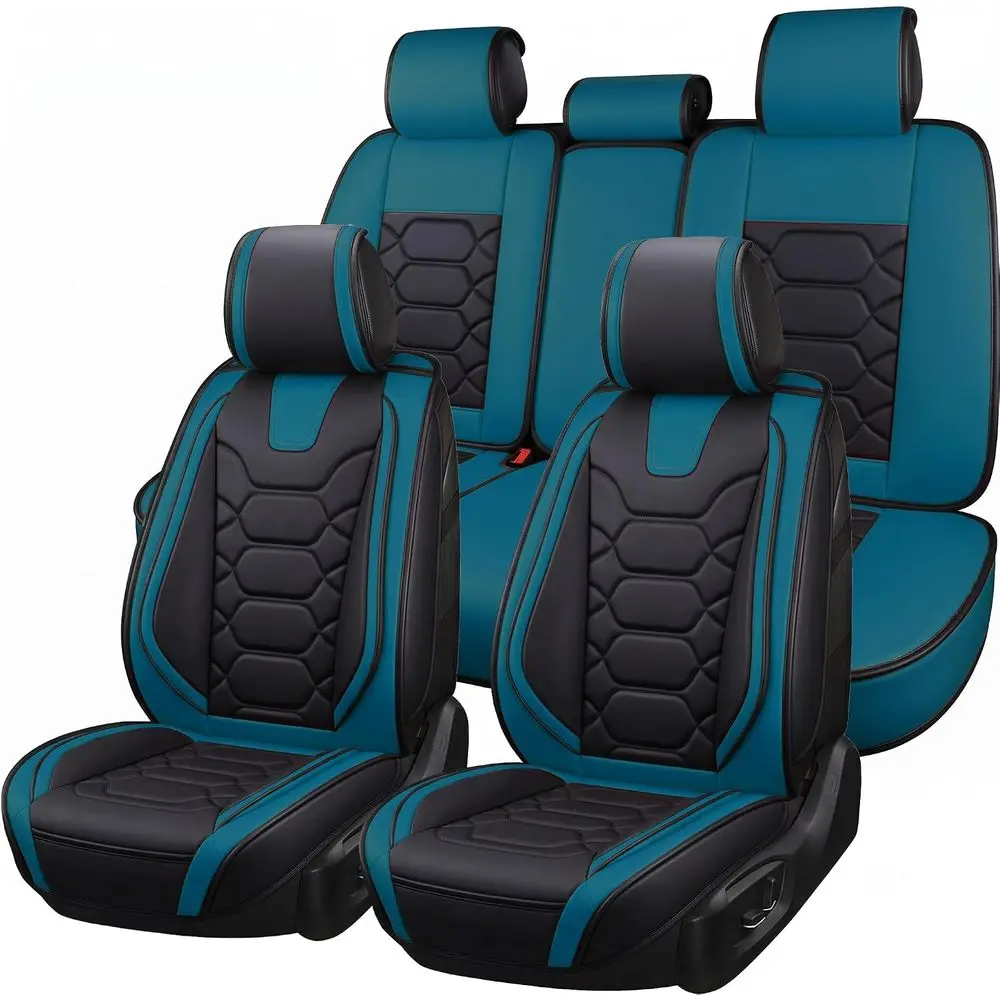 Sporty Leather-Look Seat Covers with Mesh, Waterproof for Cars, SUVs, Sedans, and Trucks, Black & Teal Interior Accessories