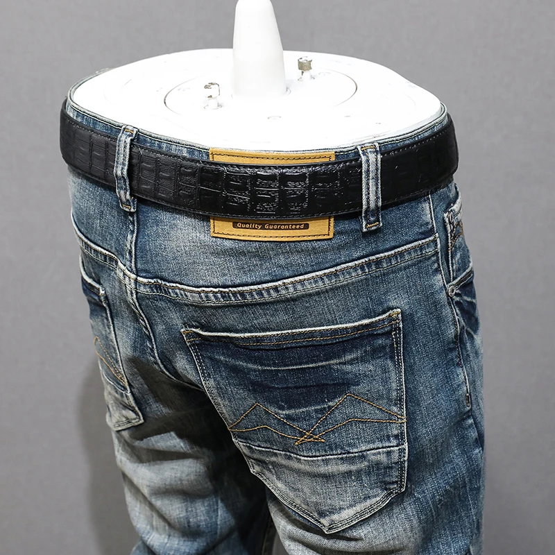 Fashion Designer Men Jeans High Quality Retro Washed Blue Stretch Slim Fit Ripped Jeans Men Vintage Casual Denim Pants Hombre