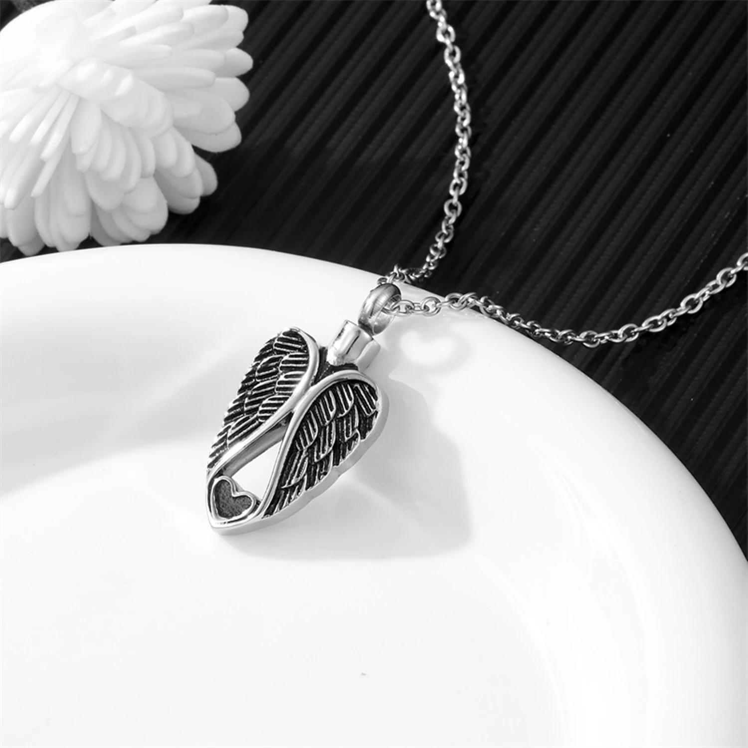 

Angel Wings & Heart Cremation Necklace - Stainless Steel Urn Pendant for Human Ashes, Memorial Jewelry to Cherish Loved Ones