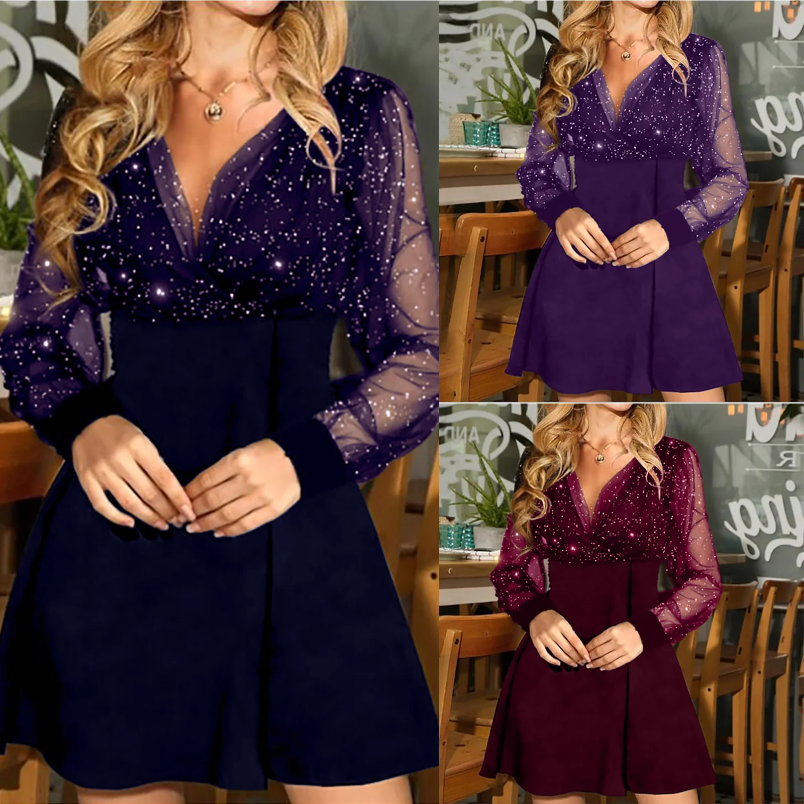 Black Cocktail Dresses Sexy V Neck Waisted Women\'s Fashion Mesh Splicing Long Sleeve Dress Sexy High Waist Slim Fit Party Dress