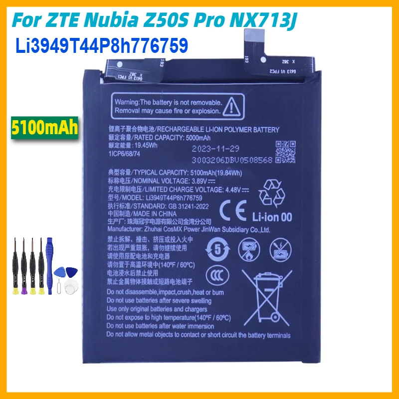 

Li3949T44P8h776759 5100mAh Battery for ZTE Nubia Z50S Pro NX713J Mobile Phone 1ICP6/68/74+Tools