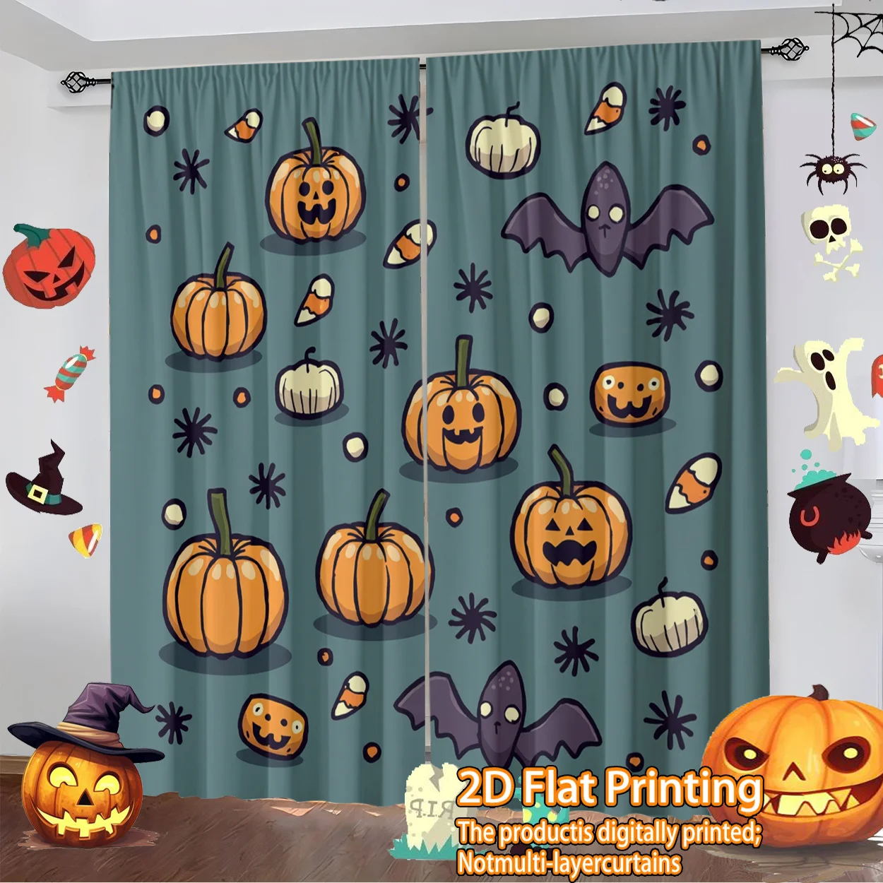 Halloween Pumpkin Bat Curtains 2D Printed Living Room Bedroom Window Drapes Holiday Party Decor
