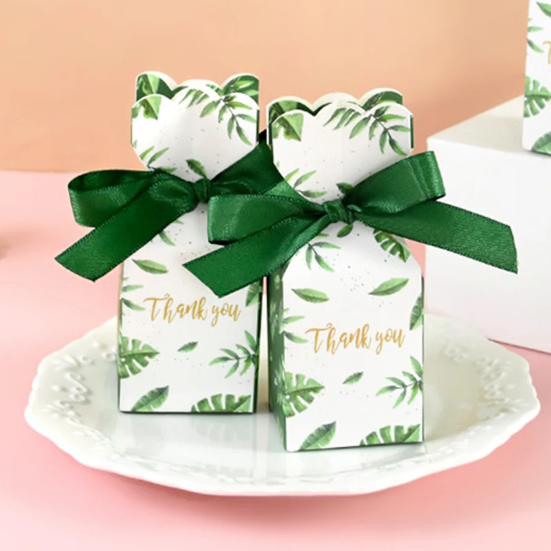 صندوق هدايا حلوى مطبوع عليه أوراق خضراء ، صناديق تعبئة بسكويت الزفاف للضيوف ، حفلة عيد ميلاد الغابة ، ديكور استحمام الطفل ، شكرًا لك ، 10 * *