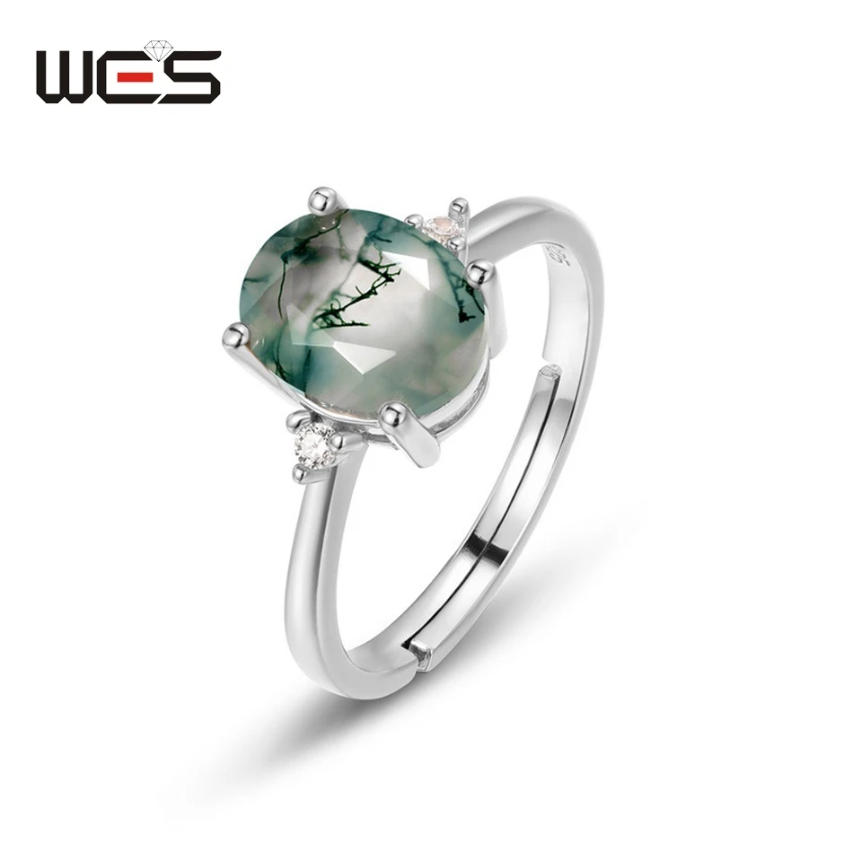 WES 925 Sterling Silver Original Certified Natural Stone Moss Agate Rings for Woman Gold Plated Trendy Anniversary Fine Jewelry