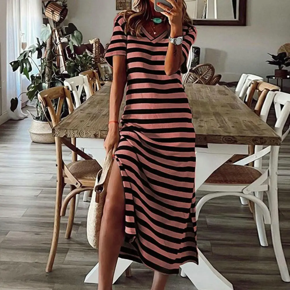 Striped Print Women Casual Dress Elegant V Neck Short Sleeve T-shirt Dress Summer Women Midi Dresses Side Split Slim Long Dress