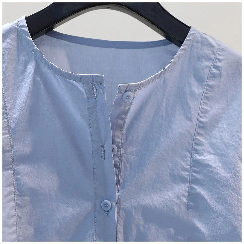 Chic Embroidery Hollow Out Thin Blouses 2023 Summer Loose Half Sleeve Women\'s shirts Korean Fashion Blue Blusas O-Neck Tops