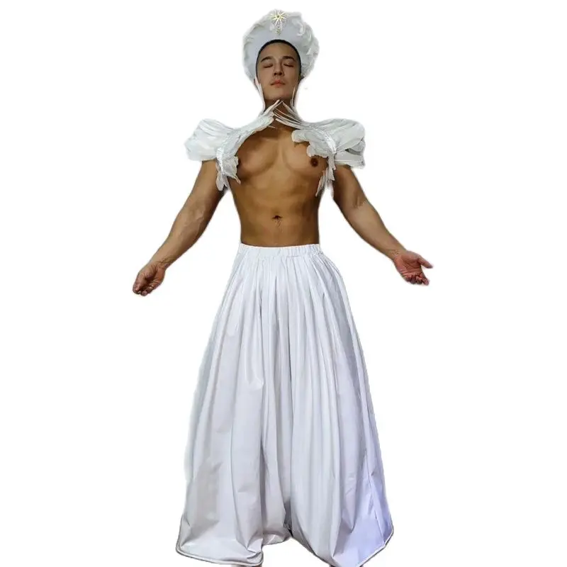 Fashion Men Sexy Pole Dance Gogo Costume White Wings Long Skirt Nightclub Ds Dj Rave Outfit Man Stage Performance Wear XS7629