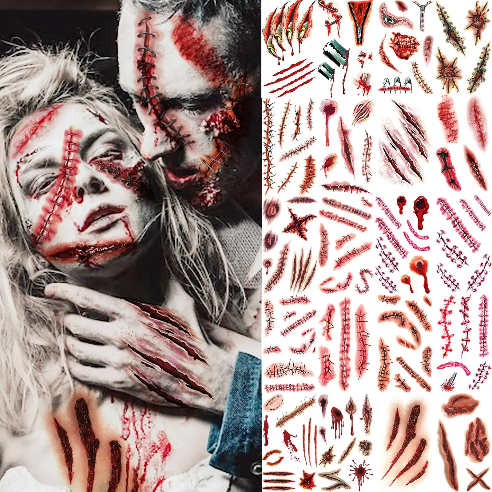 

20 листов, реалистичные кровавые шрамы на молнии, временные татуировки для мужчин, женщин, взрослых, ужасный зомби, вампир, косплей, лицо, Хэллоуин