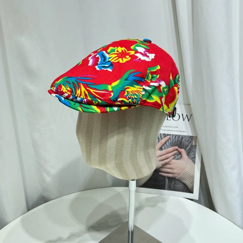 2024 New Northeast Big Flower Cloth Beret Hat for Men and Women Spring and Summer Retro Printing Forward Hats Trend Peaked Cap