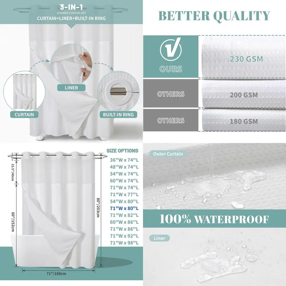 

230GSM Waterproof Waffle Weave Shower Curtain with Snap-In Liner, 71W x 80H, Mesh Top Window, Hotel-Style Bathroom Set