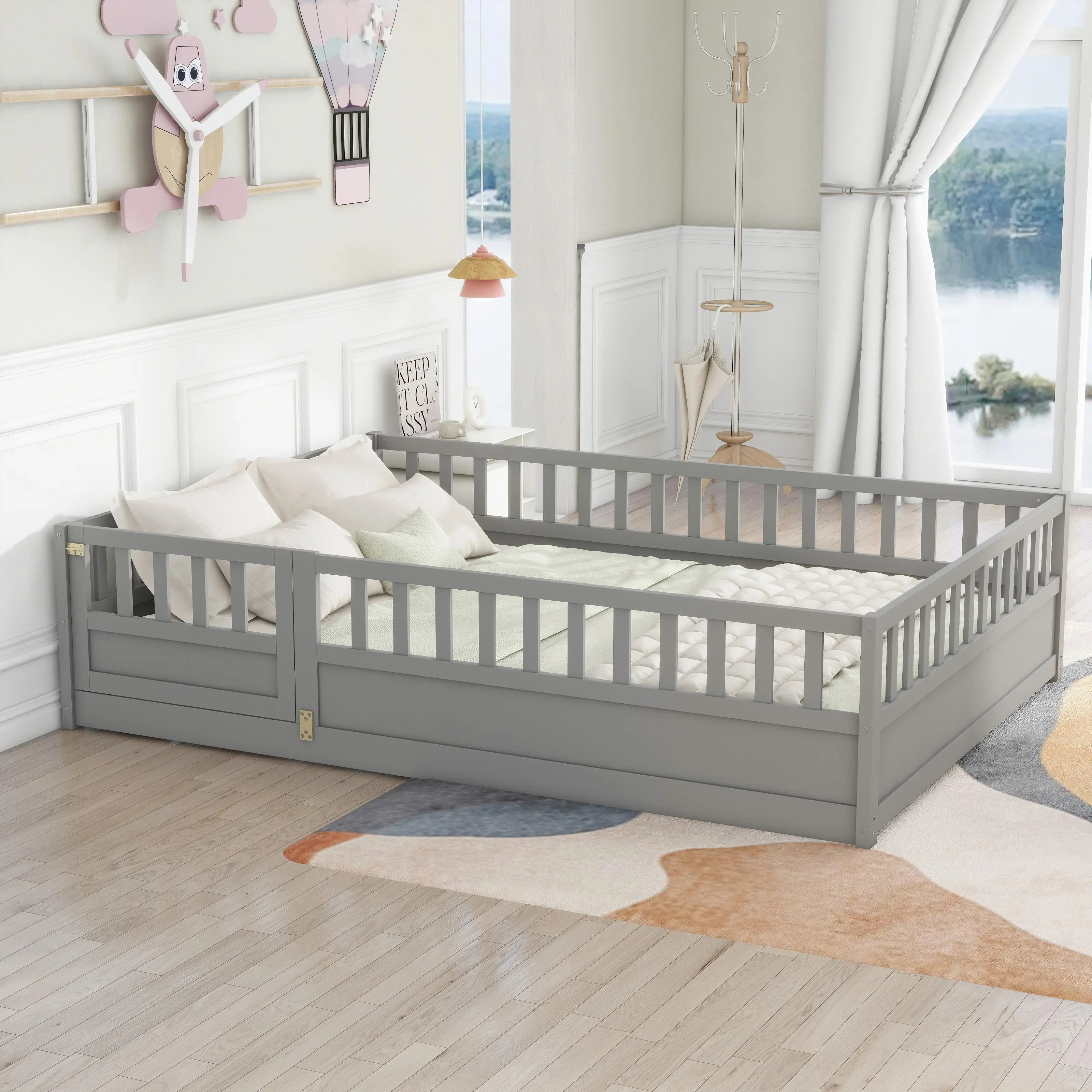 Montessori Children's Floor Bed Frame with High Security Barrier - Grey Wooden Design, Durable Slat Support