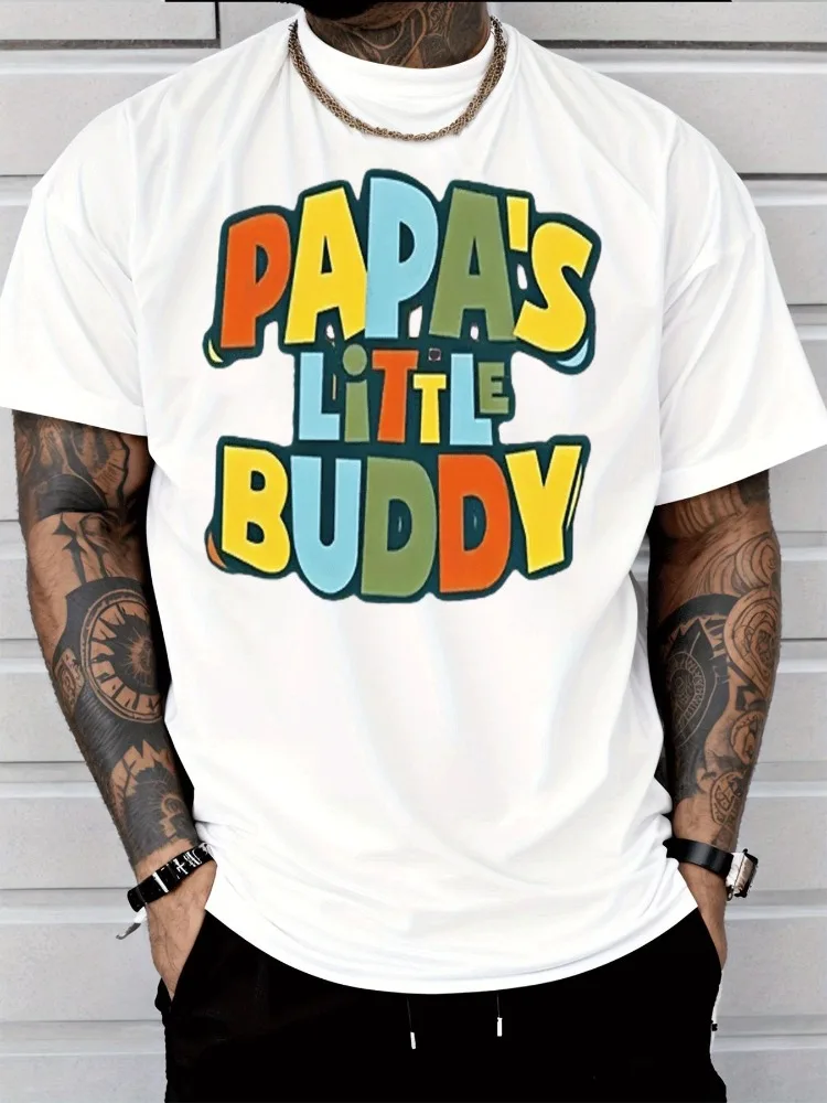 Men Papa S Little Buddy Bubble Letter Graphic Crew Neck Short Sleeve Father Casual Male Summer Soft Loose Basic Daily Tee Tops