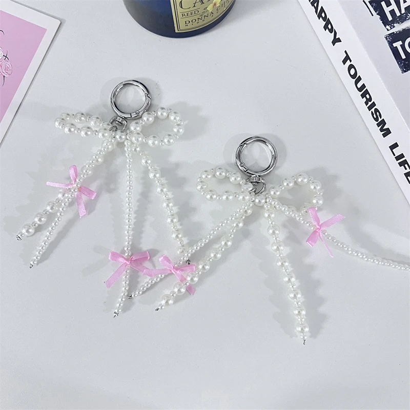 For Girl Women Fashion Pearl Bowknot Keychain Pendant Fashion Hanging Ornament Pendant Keyring Backpack Decoration Charm Jewelry