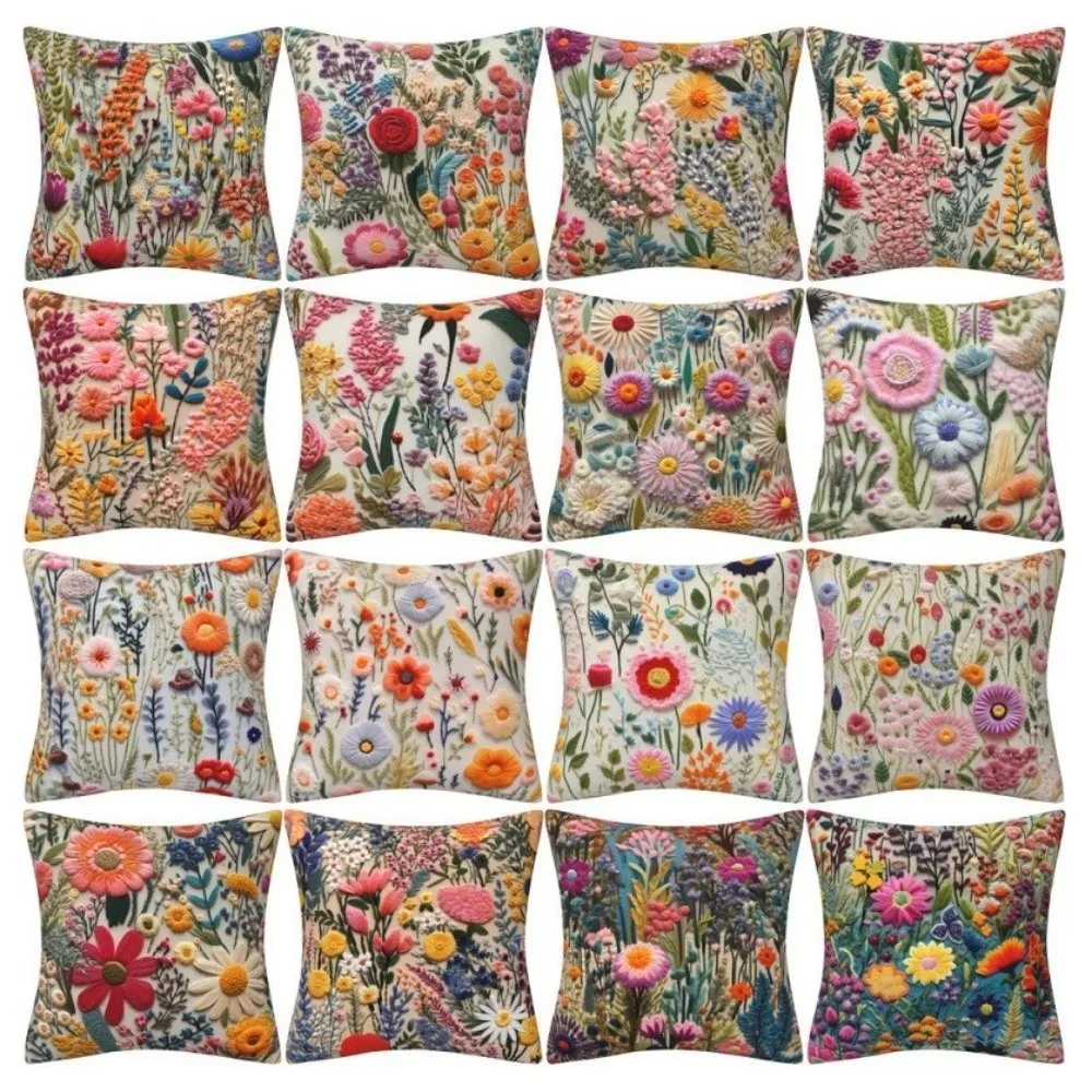 New 3D Embroidered Cushion Covers Single Sided Flower Pattern Pillow Covers Linen 45 x 45 Square Sofa Pillow Case Home Decor