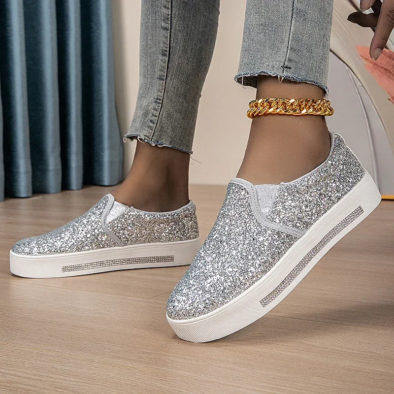 

Luxury Brand Women Slip-on Sport Shoes Black Silver Gold Female Trend Style Running Shoes Flats Comfortable Girls Walk Sneakers