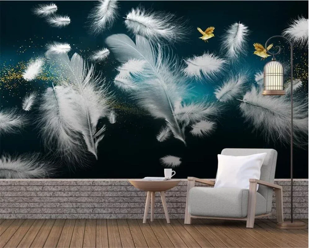 Customized Size Wallpaper Black Background Feather Decoration Painting Children's Tenant Hall Bedroom Mural Wallpaper decorative